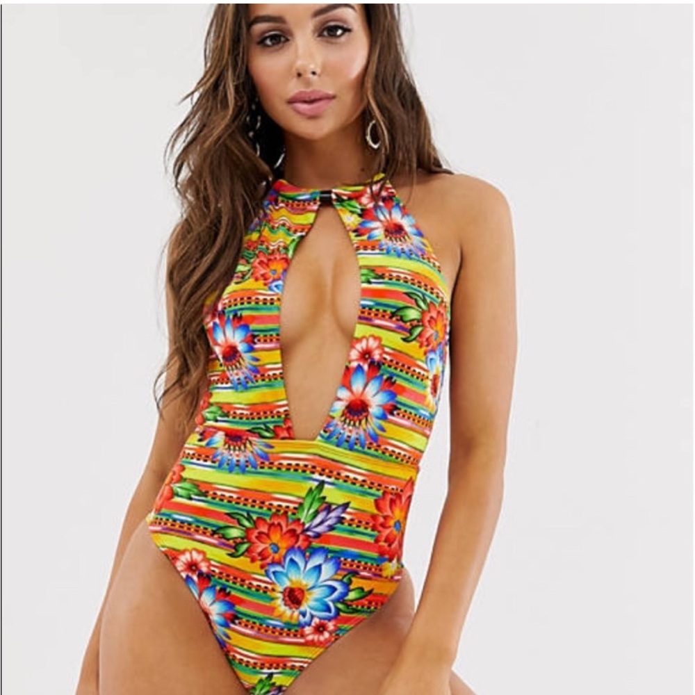 Paradise Tropical Print Plunge One Piece